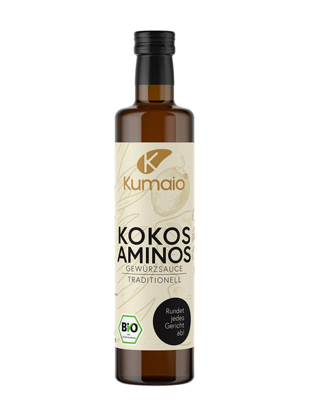Flasche Kumaio Bio Kokos Aminos Gewürzsauce Traditionell mit hellem Etikett und Bio-Siegel