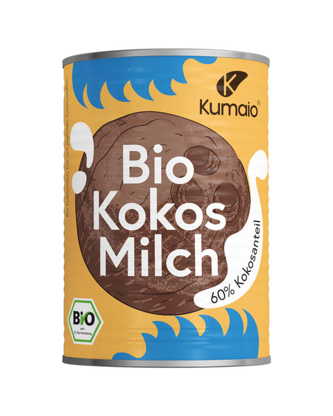 Dose mit Bio Kokosmilch von Kumaio, gelb-blaues Design, zeigt Kokosnuss-Illustration und 60% Kokosanteil.