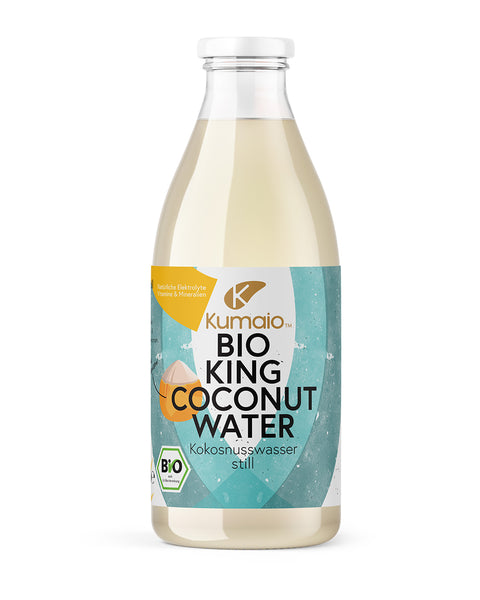 Flasche Kumaio Bio King Kokosnusswasser, Bio-zertifiziert und reich an natürlichen Elektrolyten.