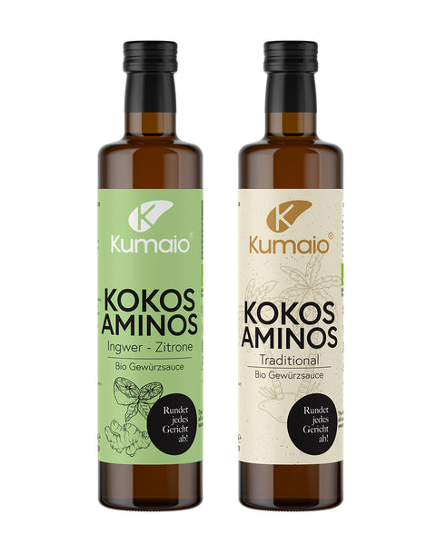 Kumaio Bio Kokos Aminos Gewürzsaucen Ingwer-Zitrone und Traditional in Glasflaschen – natürliche, sojafreie Alternative zu Sojasauce aus fermentiertem Kokosblütensaft.