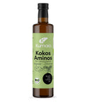 Kumaios Kokos-Aminos Gewürzsauce in einer braunen Glasflasche mit grünem Etikett und Ingwer-Zitronen-Geschmack.