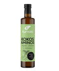 Kumaio Bio Kokos Aminos Ingwer-Zitrone – natürliche Gewürzsauce aus fermentiertem Kokosblütensaft mit frischer Zitronennote in einer 250 ml Glasflasche.