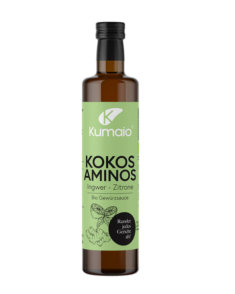 Kumaio Bio Kokos Aminos Ingwer-Zitrone – natürliche Gewürzsauce aus fermentiertem Kokosblütensaft mit frischer Zitronennote in einer 250 ml Glasflasche.