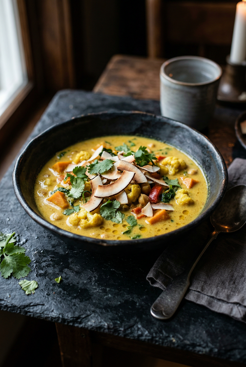 Bio Kokoschips als Topping in cremigem Blumenkohl-Curry mit Kokosmilch, Koriander und Mandeln – veganes Rezept von Kumaio