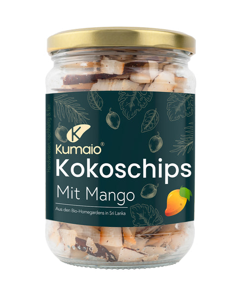 Glas mit Kumaio Bio-Kokoschips mit Mango-Geschmack
