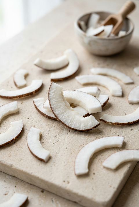 Frische Kokosnuss-Scheiben mit brauner Schale auf hellem Untergrund arrangiert, im Hintergrund eine Schale mit weiteren Kokosstücken.
