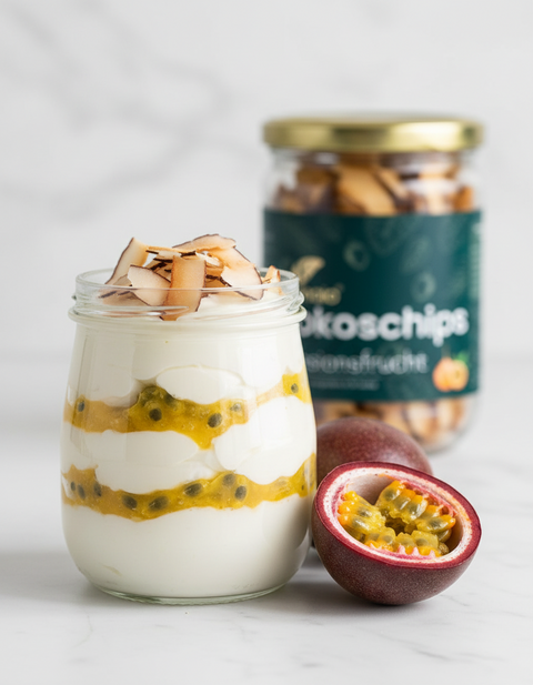 Bio Kokoschips von Kumaio als Topping auf Joghurt-Dessert mit Passionsfrucht und Kokosflocken – veganes Frühstücksrezept.