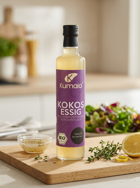 Kumaio Bio Kokosessig aus fermentiertem Kokoswasser auf einem Holzbrett mit Dressing, Kräutern, Zitrone und frischem Salat im Hintergrund.
