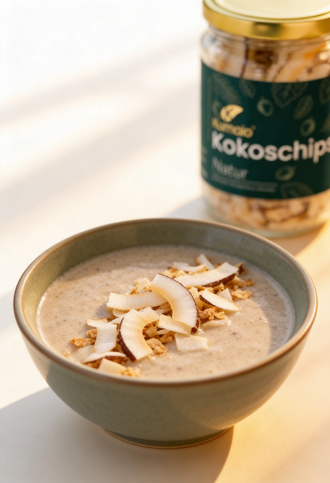 Bio Kokoschips natur von Kumaio im Glasgefäß als Topping auf cremigem Frühstücks Porridge mit Kokosraspeln