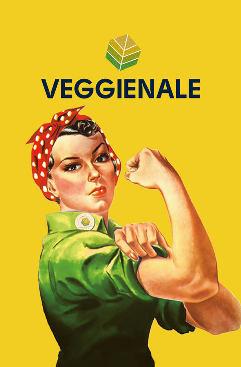 Illustration einer Frau im Retro-Stil mit rotem Kopftuch, die den Arm anspannt, vor gelbem Hintergrund mit Veggienale Logo.