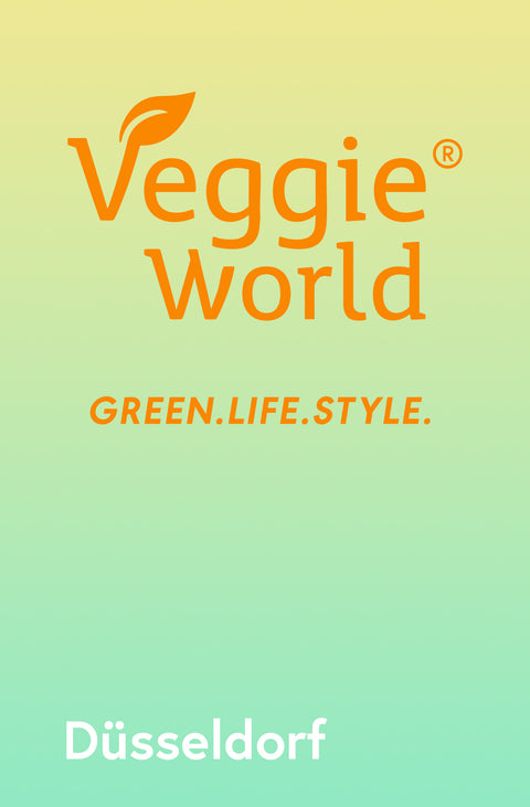 Logo der VeggieWorld Düsseldorf mit dem Slogan GREEN.LIFE.STYLE. auf gelb-grünem Farbverlaufshintergrund – Messe für nachhaltigen, veganen und bewussten Lifestyle.