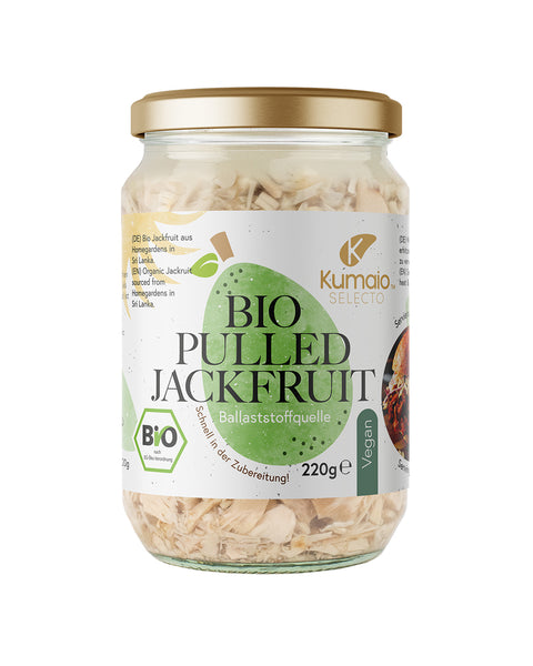 Glas „Bio Pulled Jackfruit“ von Kumaio, 220g, ballaststoffreiche und vegane Zutat für schnelle Zubereitung.