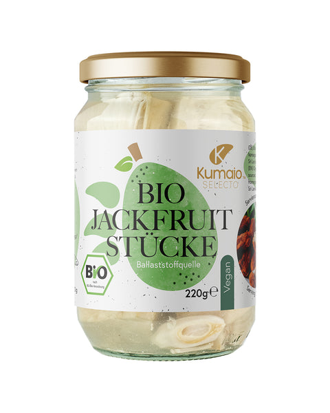 Glas mit Bio Jackfruit Stücken von Kumaio, vegan und ballaststoffreich, 220g.