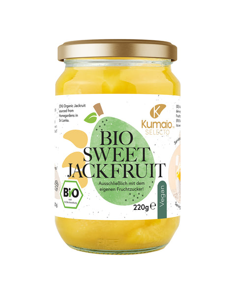Glas Kumaio Bio Sweet Jackfruit, vegan und Bio-zertifiziert, gesüßt mit natürlichem Fruchtzucker.